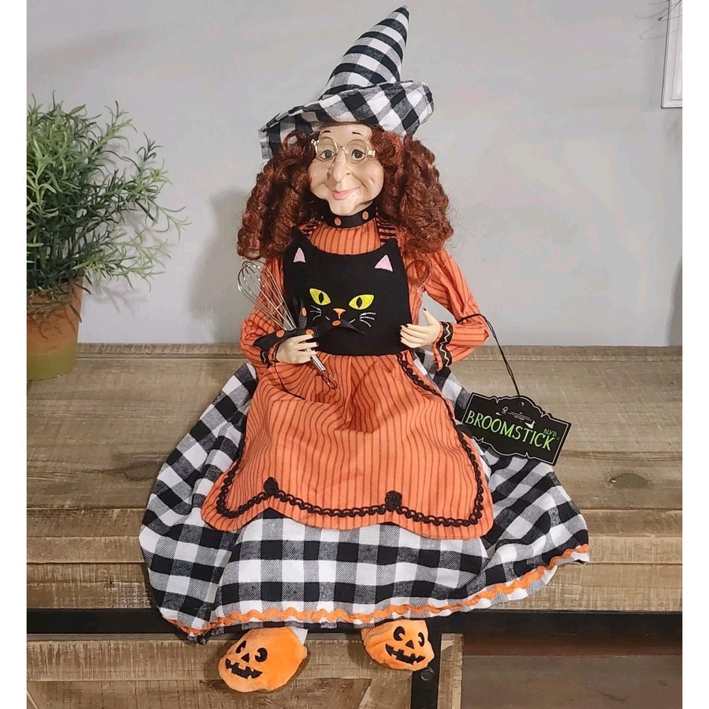 Broomstick Blvd Kitchen Witch Shelf Sitter Orange Black Gingham Cat Whisk Decor